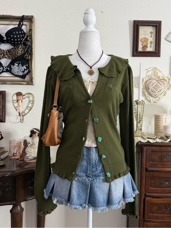 Sweaters - dainty whimsical prairie fairy grunge moss green knit peter pan collar cardigan